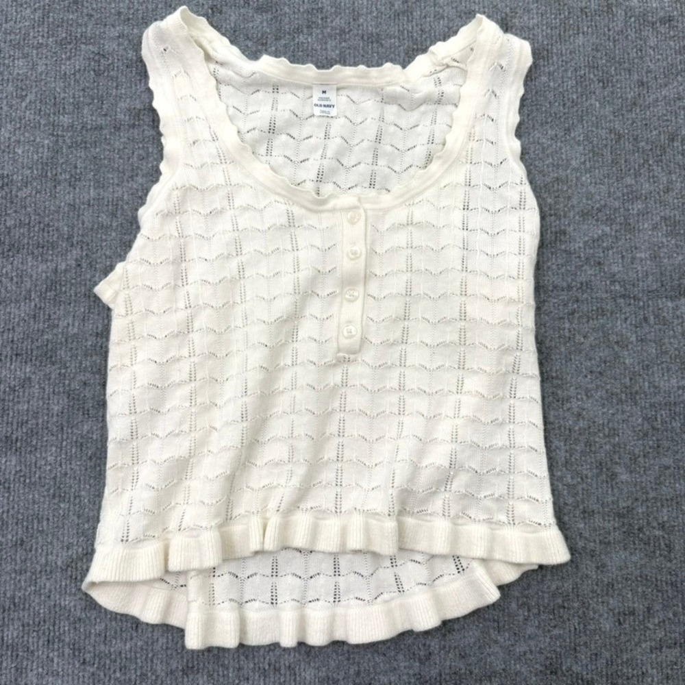 Old Navy Tank Top Women M Pointelle Knit White Coquette Cottagecore Boho Summer